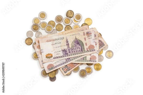 Fototapeta Banknotes in and Coins, Saving Concept, Egyptian Money, Isolated on White Background