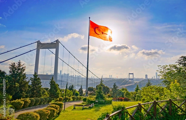 Fototapeta Old Bosphorus Bridge And Turkish Flag in Istanbul - Turkey