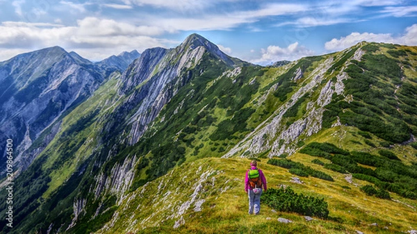 Obraz Landscape south side view of mountain peak Sija and one alpinist walking to the top. Summer in Julian Alps, Bohinj, Slovenia, Europe.