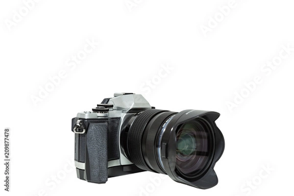 Fototapeta Close up of mirrorless or digital camera isolated on white background.