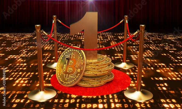 Fototapeta The first figure in the golden bitcoin, On the private corridor VIP. 3D Illustration.