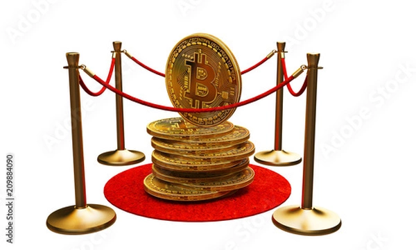 Fototapeta The first figure in the golden bitcoin, On the private corridor VIP, On white background. 3D Illustration.