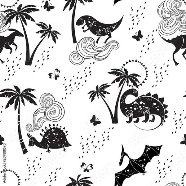 Fototapeta Wzór z kreskówki dinozaurami i palmami na białym tle. Ilustracja wektorowa monochromatyczne.