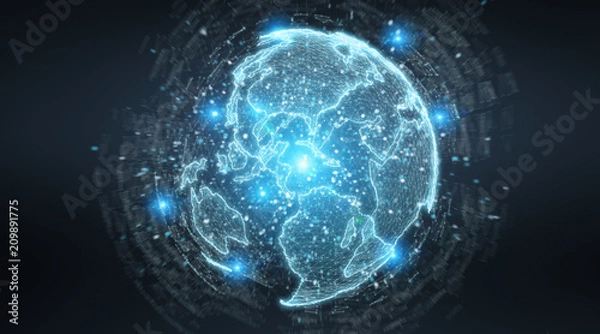 Fototapeta Globe network hologram with America Usa map 3D rendering