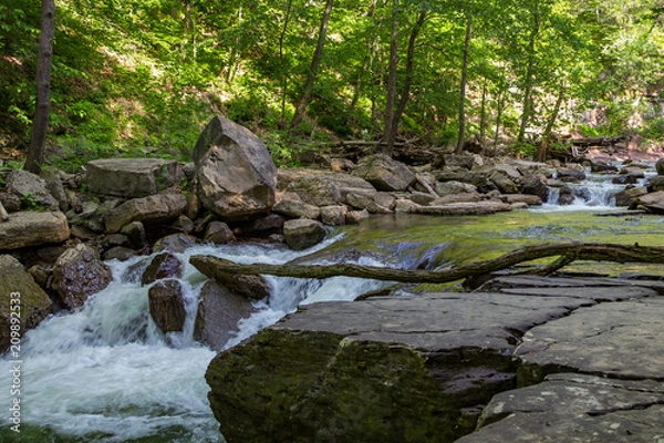 Fototapeta Small waterfall in a river or stream with large boulders in a forest.