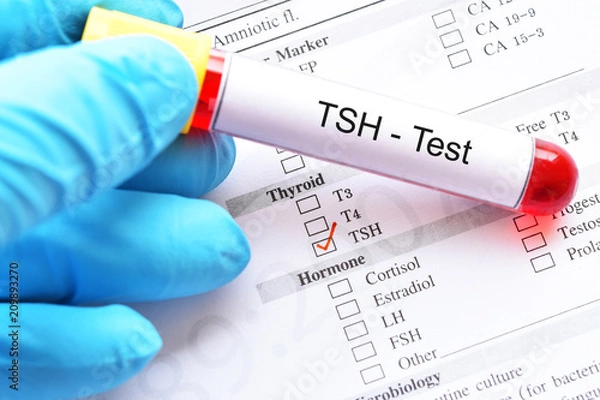 Fototapeta Blood sample tube with laboratory requisition form for thyroid stimulating hormone (TSH) test