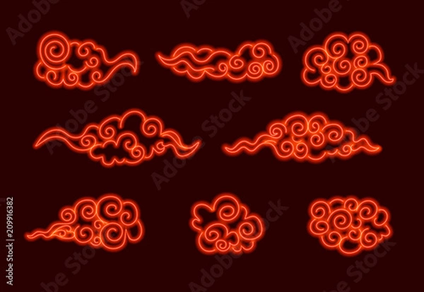 Fototapeta Vector neon Oriental Clouds, Glowing Illustrations Set on Dark Background.