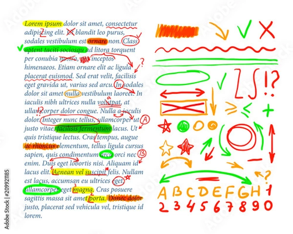 Fototapeta Vector Text Correction Marks, Text Template, Design Elements Set, Exercise Book Check.