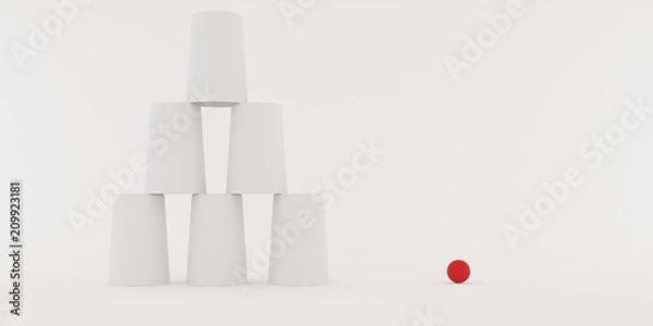 Obraz Closeup of shell game,white three glass with red small ball on white background,3d rendering