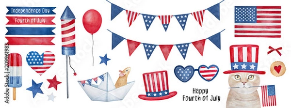 Obraz Independence Day (4th of July) Collection. Hand drawn watercolour graphic paint on white background, isolated clip art elements for holiday decoration and celebration design. Red, blue, white color.