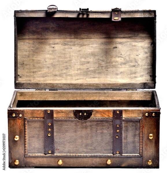 Fototapeta Open old wooden chest with ornamental forging and leather straps isolated on white background