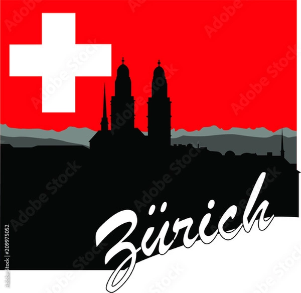 Fototapeta Silhouette of the city of Zurich, against the background of the flag of Switzerland