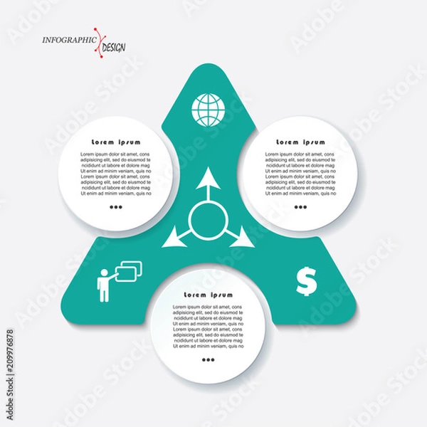 Fototapeta Infographic template design with triangle and 3 segments.  can be used for presentation, web design, workflow or graphic layout, diagram, numbers options