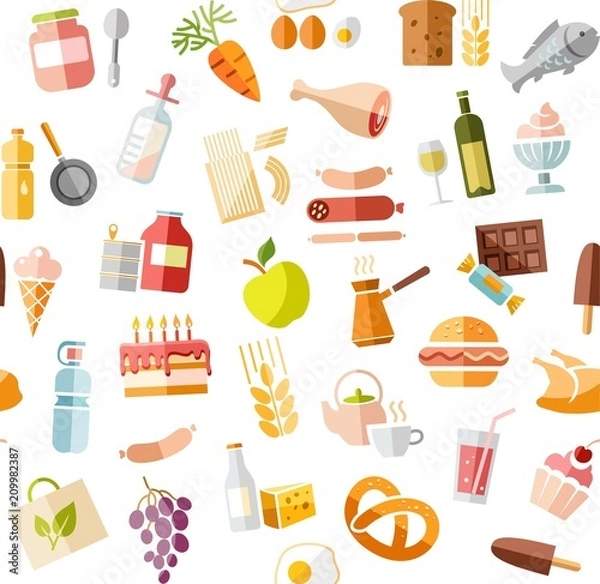 Fototapeta Food, seamless pattern, color, white, grocery, vector. Food and drinks, production and sale. Vector, seamless background. Colored flat icons on white field.  
