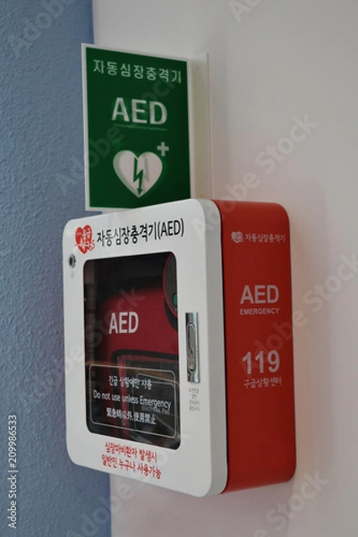 Obraz Automatic External Defibrillator AED on a wall, Automated External Defibrillator Korean language