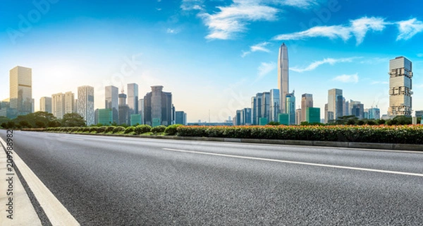 Fototapeta Empty asphalt road and modern city skyline panorama in Shenzhen,China