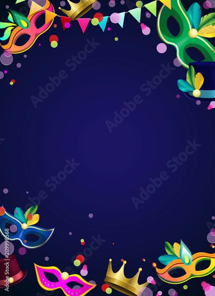 Obraz Blue carnival background with colour masks and confetti.