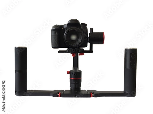 Fototapeta object for smooth video production make movie . isolated on white background . camera stabilizer automatic functions . professional film maker with gimbal . hand held shake motor system . black dslr