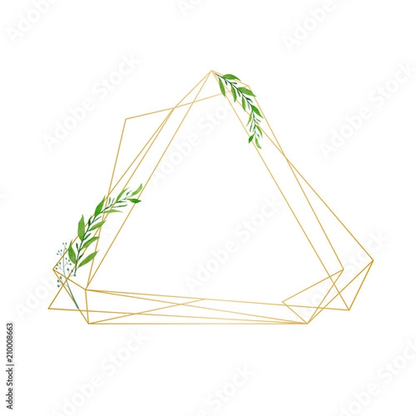 Fototapeta Geometrical gold frame with green botanical watercolor elements. Template with place for your text. Can be used for Greeting Cards, Posters, Banners, Save tha Date cards.