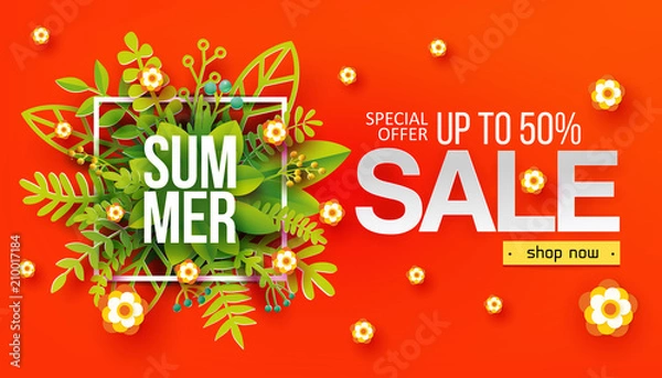 Obraz Summer sale banner with paper cut green leaves background, floral design for banner, flyer, invitation, poster, web site. Paper art cut out style, vector illustration