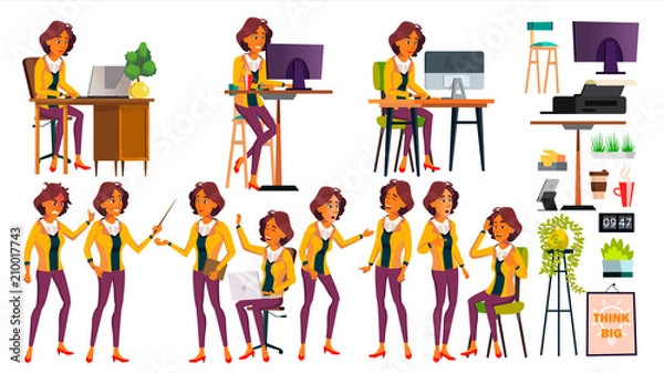 Fototapeta Office Worker Vector. Woman. Modern Employee, Laborer. Poses. Business Worker. Office. Face Emotions, Various Gestures. Animation Creation Set. Isolated Cartoon Character Illustration