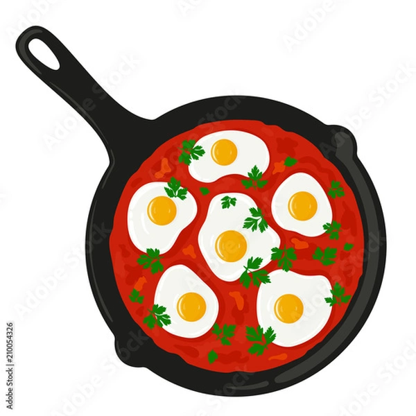 Fototapeta Shakshouka (shakshuka) podawana na patelni z pietruszką, widok z góry. Tradycyjne bliskowschodnie (izraelskie, arabskie) danie z jajek i sosu pomidorowego. Wektor ręcznie rysowane ilustracji.