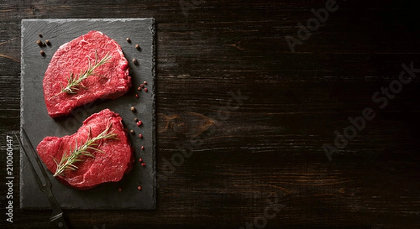 Fototapeta two pieces of fresh meat on a wooden table
