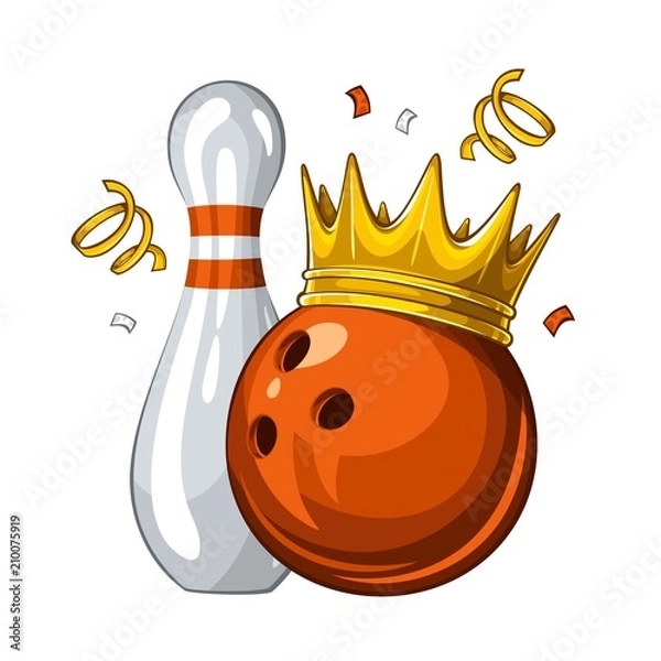 Fototapeta Vector illustration of bowling skittle and orange bowling ball in golden crown, isolated on white background. Winner. Champion 1.1