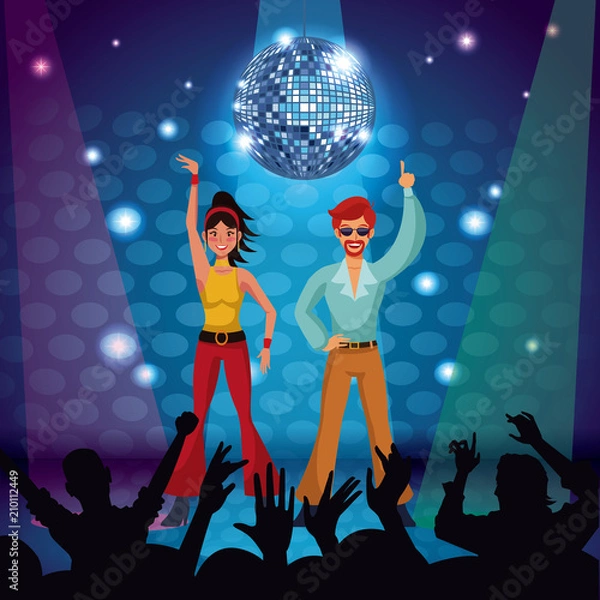 Fototapeta Couple of disco dancers at stage vector illustration graphic design