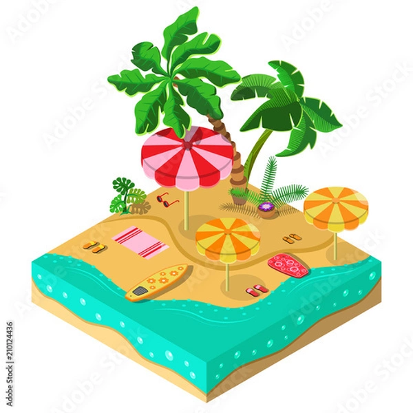 Obraz Tropikalna wyspa. Morze, palma, deska surfingowa, parasol i sandały. Widok izometryczny 3D. Ilustracji wektorowych.