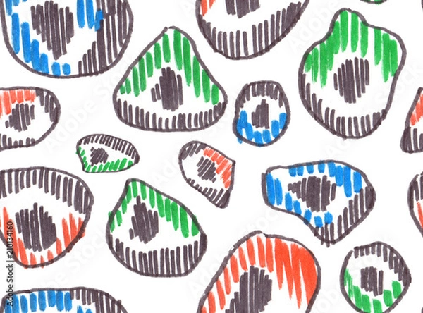 Fototapeta Seamless pattern with big red, green and blue spots imitation of animal print painted in highlighter felt tip pen on clean white background