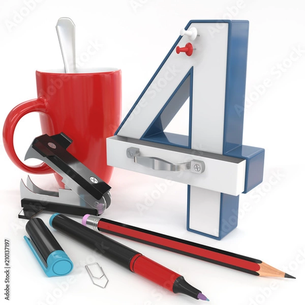 Fototapeta "four" 3d number with office stuff