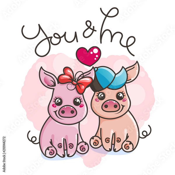 Fototapeta Cute cartoon baby pigs in love