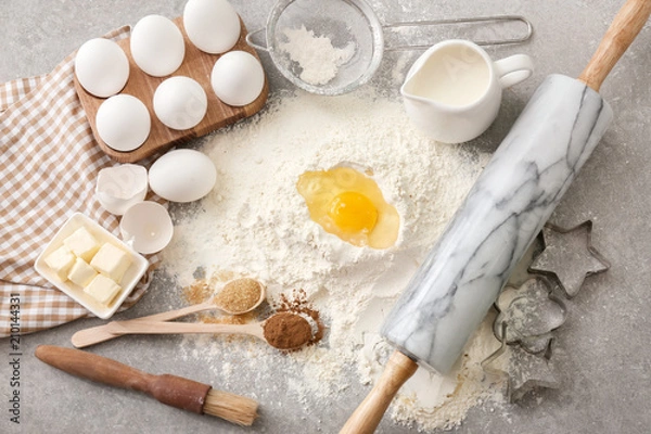 Fototapeta Ingredients for preparing bakery on light table