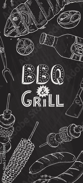 Fototapeta BBQ and grill banner with sketch objects. Hand drawn barbecue elements around decorative text. BBQ party. Grill time, vertical composition.