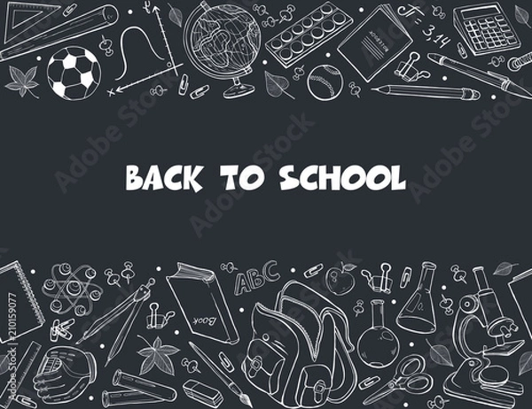 Fototapeta Hand drawn school objects in horisontal composition. Vector illustration of school accessories hand drawn on blackboard. Back to school.