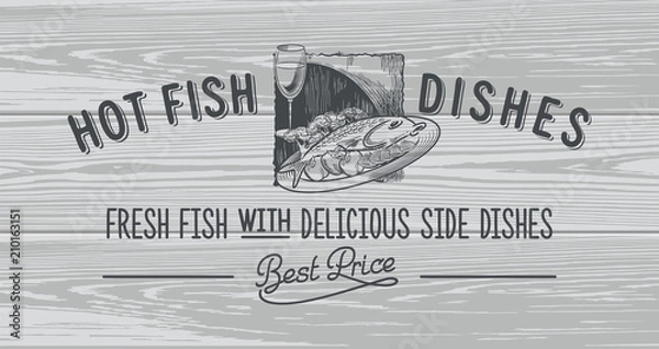 Obraz Рыба на тарелке, Бокал с вином, рекламная вывеска горизонтальная, на деревянном фоне, лучшая цена, леттеринг, иллюстрация, вектор