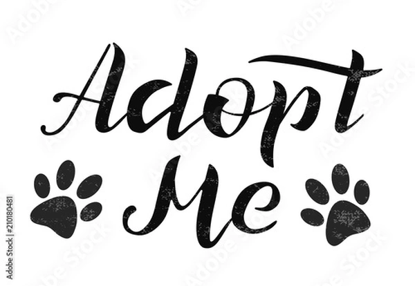 Fototapeta Hand drawn Adopt me lettering text, vector illustration. Adopt me typography vector design for cards, poster, logo, banner on white background with traces of paws. Help animal concept. Pet adoption.