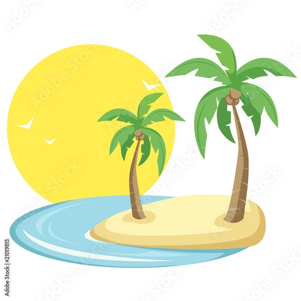Fototapeta Tropical island with birds, sun and palm trees in vector