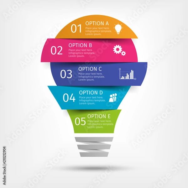 Fototapeta Modern colorful light bulb infographics. Business startup idea lamp concept with 5 options, parts, steps or processes. Template for presentation, chart, graph. Vector illustration.