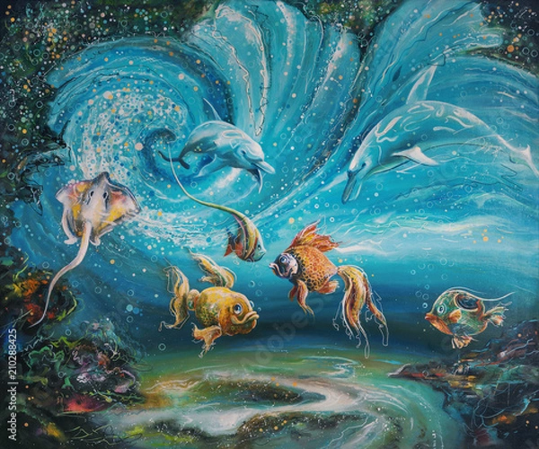 Obraz The magic of glowing plankton in the underwater world. Oil painting on canvas. Author: Nikolay Sivenkov.