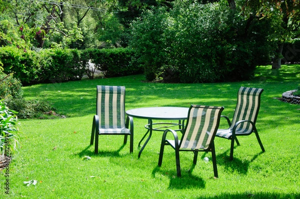 Obraz Green summer backyard garden with grass, table and chairs
