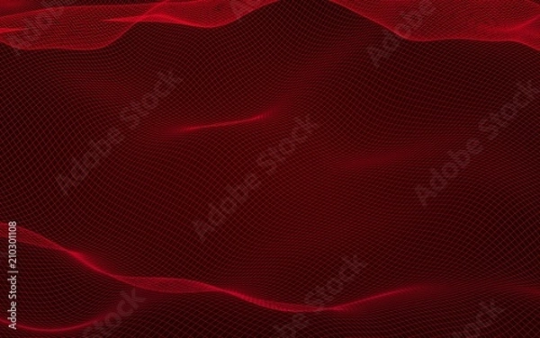 Fototapeta Abstract landscape on a red background. Cyberspace grid. Hi-tech network. . 3D illustration