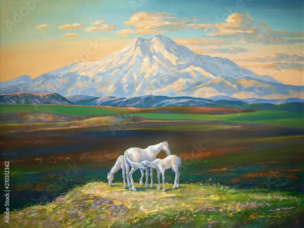 Obraz  An oil painting on canvas. Horses in the background of Elbrus. Sunset in the mountains of the Caucasus. Author: Nikolay Sivenkov.