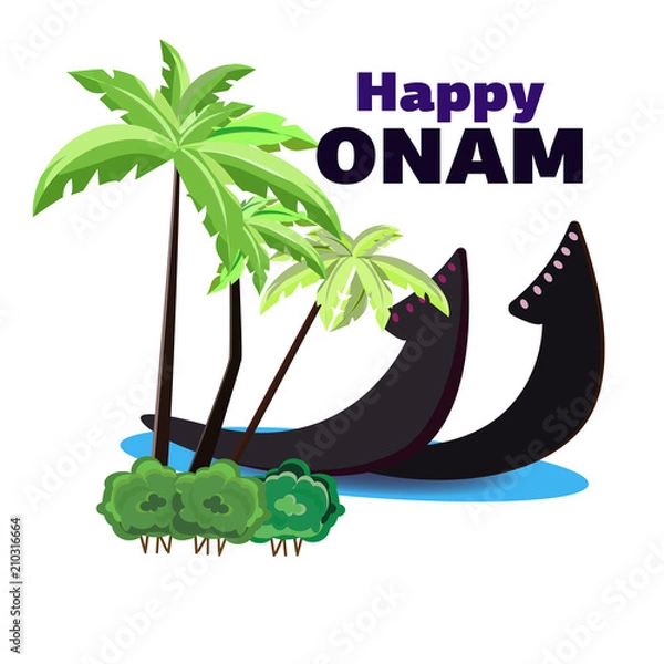 Fototapeta Happy Onam, illustration of a boat on the shore of an oasis