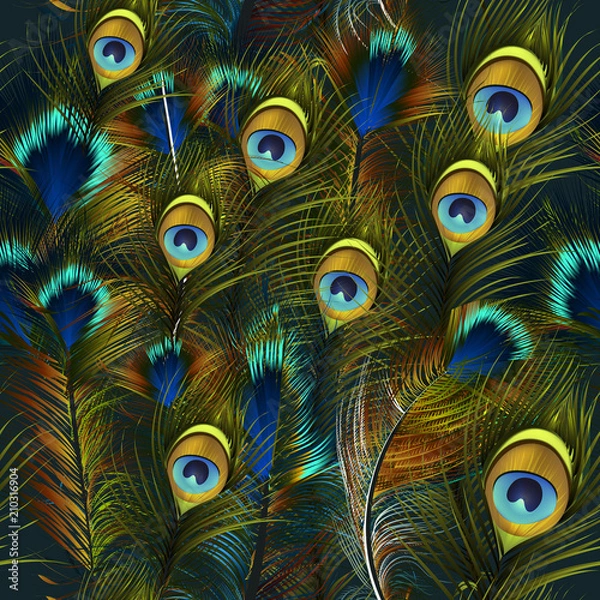 Fototapeta Fashion vector feather pattern in blue and green colors