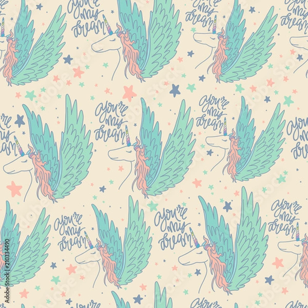 Fototapeta Cute hand drawn unicorn seamless vector pattern with inscription: You are my Dream.