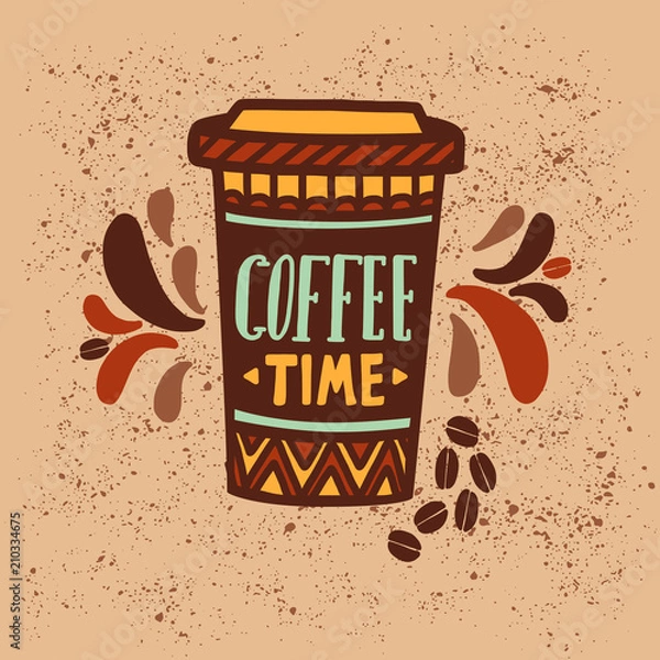 Obraz Vector illustration Coffee to go with lettering in retro colors. Take away cup with hand written saying Coffee Time. Mug with script on background with swirls and grunge texture.