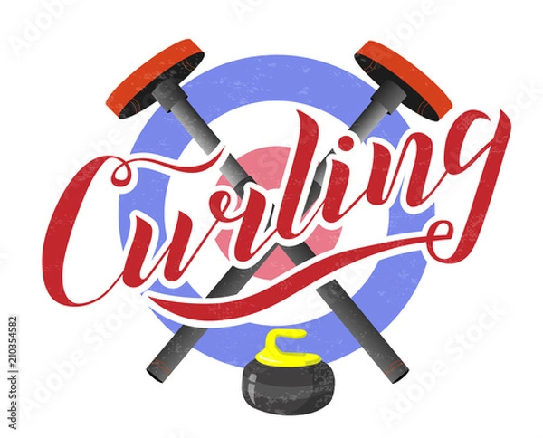 Fototapeta Curling sport lettering text with broom, stone and house on white background. Vector illustration. Curling brush calligraphy. Sport, fitness, activity vector design. Print for logo, T-shirt and caps.