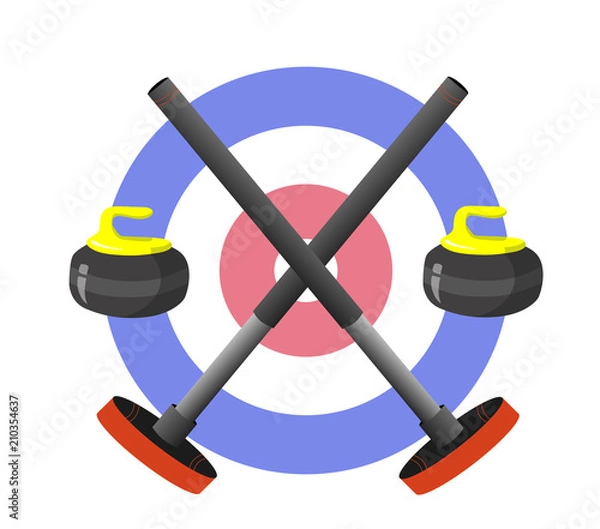Fototapeta Curling sport equpment: broom, stone and house on white background. Vector illustration. Sport, fitness, activity vector design. Print for logo, flag, T-shirt, banner, competition, event and caps.